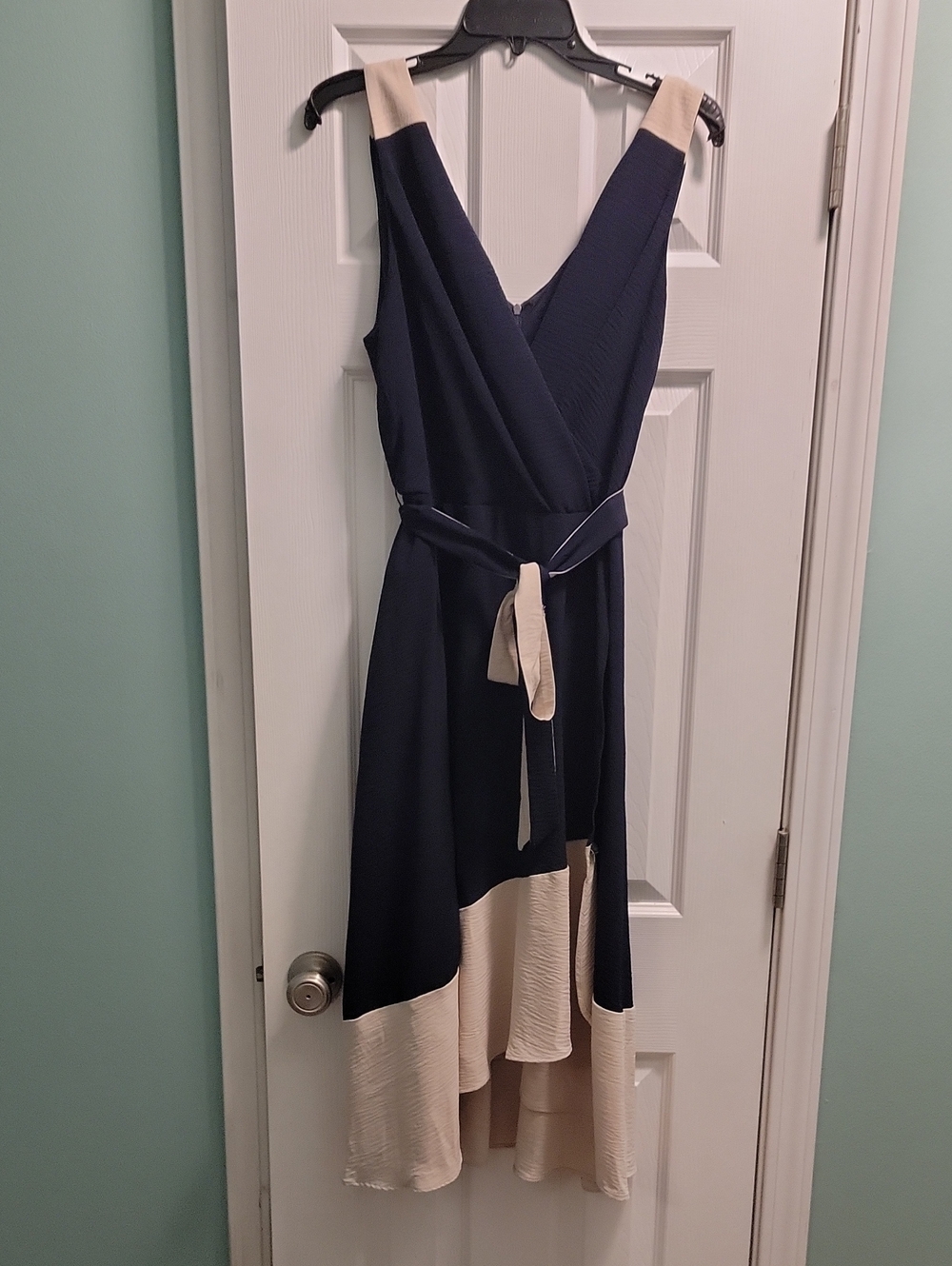 Navy and Cream High-Low Wrap Dress with Tie Waist